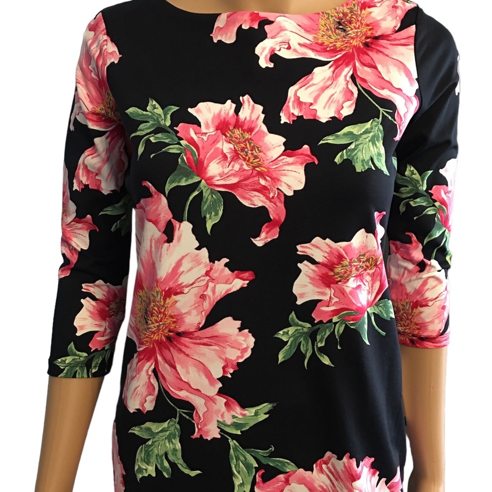 NWT Charter Club black floral three quarter sleeve blouse